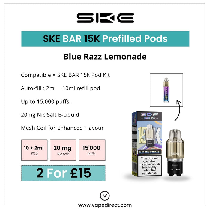 This image features the SKE Crystal Blue Razz Lemonade - SKE Bar 15K Refill Pod, offering MTL vaping, 20mg nicotine, up to 15,000 puffs, an auto-fill design, and a special deal of 2 pods for £15. Includes pod and packaging visuals. Available at Vape Direct In Milton Keynes