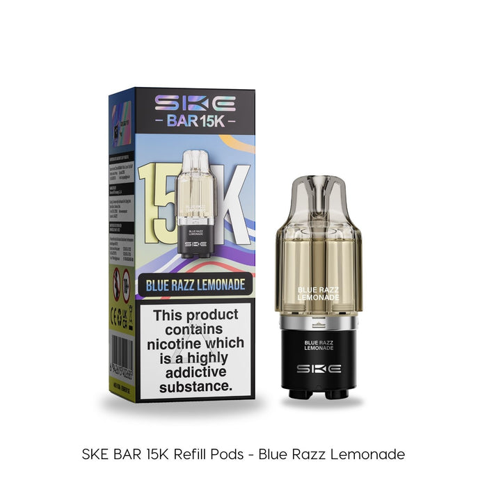 The SKE Crystal Blue Razz Lemonade - SKE Bar 15K Refill Pod and its packaging are shown, featuring vibrant branding. The transparent pod is perfect for MTL vaping and clearly labeled Blue Razz Lemonade. Available at Vape Direct In Milton Keynes