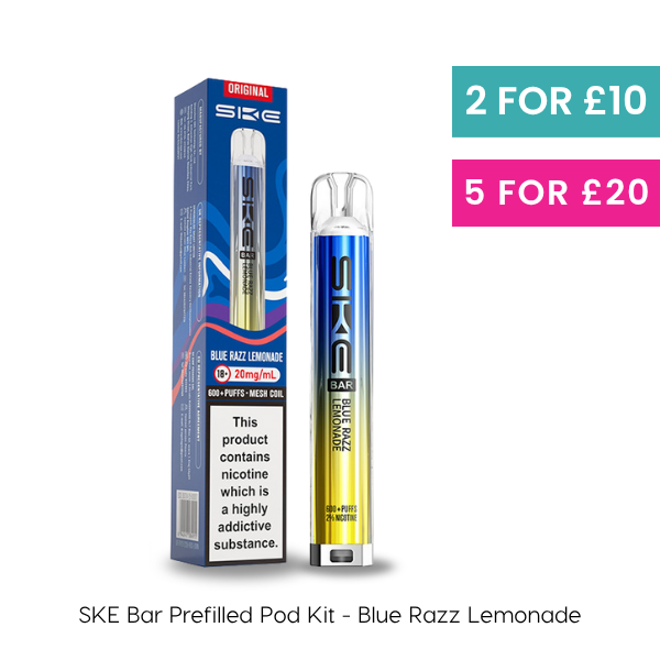 Blue Razz Lemonade SKE Bar Prefilled Pod Kit, offering 600 puffs and 20mg/ml of nicotine.