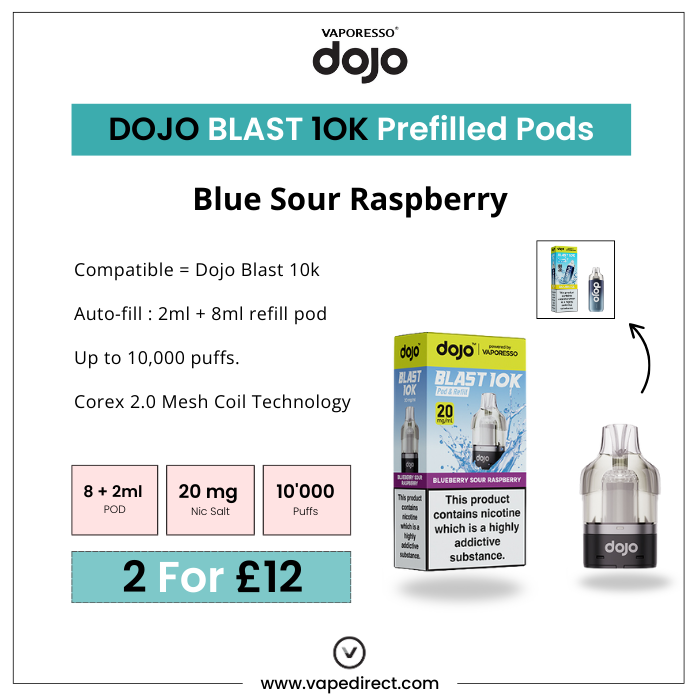 Vaporesso Dojo Blast 10K Prefilled Pods advertisement with product packaging and text.
