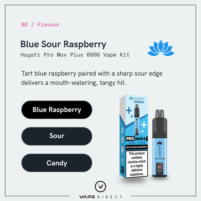 The Hayati Blue Sour Raspberry Pro Max Plus Vape Kit features vibrant blue packaging accented with blue raspberry and candy elements, showcasing its tangy, sour Blue Sour Raspberry flavor. The box emphasizes up to 6000 puffs, with the sleek Hayati Pro Max Plus device displayed prominently beside it.
