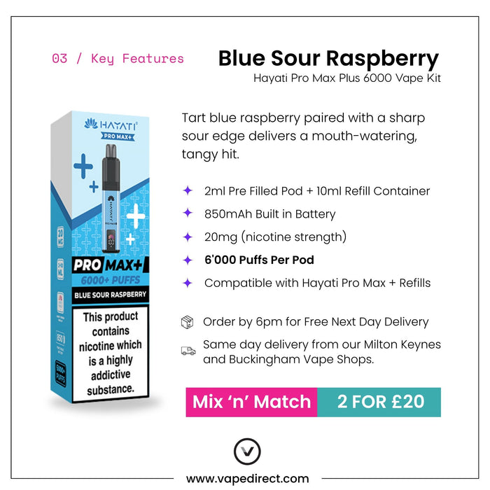 Introducing the Blue Sour Raspberry Hayati Pro Max Plus Vape Kit by Hayati—featuring a 2ml prefilled pod, robust 850mAh battery, up to 6000 puffs, and a satisfying 20mg nicotine strength. Grab this sleek device now at a special price! Includes an image of the stylish vape kit.