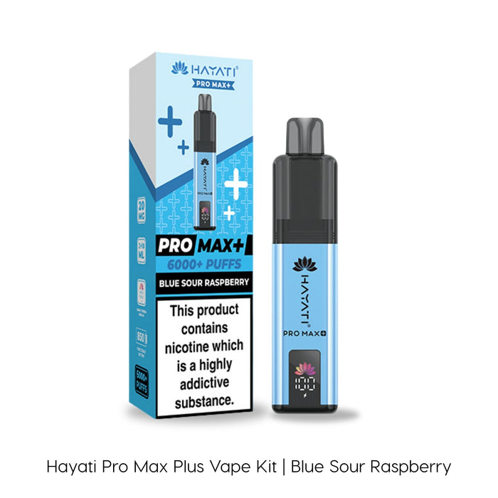A Blue Sour Raspberry Hayati Pro Max Plus Vape Kit by Hayati is displayed alongside its box, offering up to 6000 puffs for a long-lasting vaping experience.