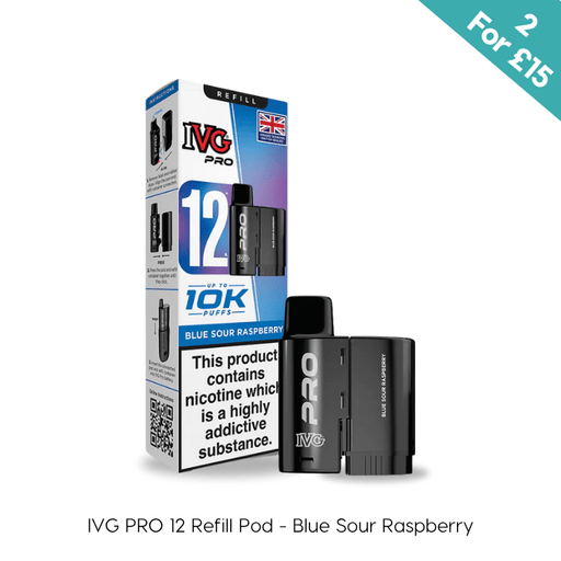 Blue Sour Raspberry IVG PRO 12 prefilled replacement pod pack on a plain background