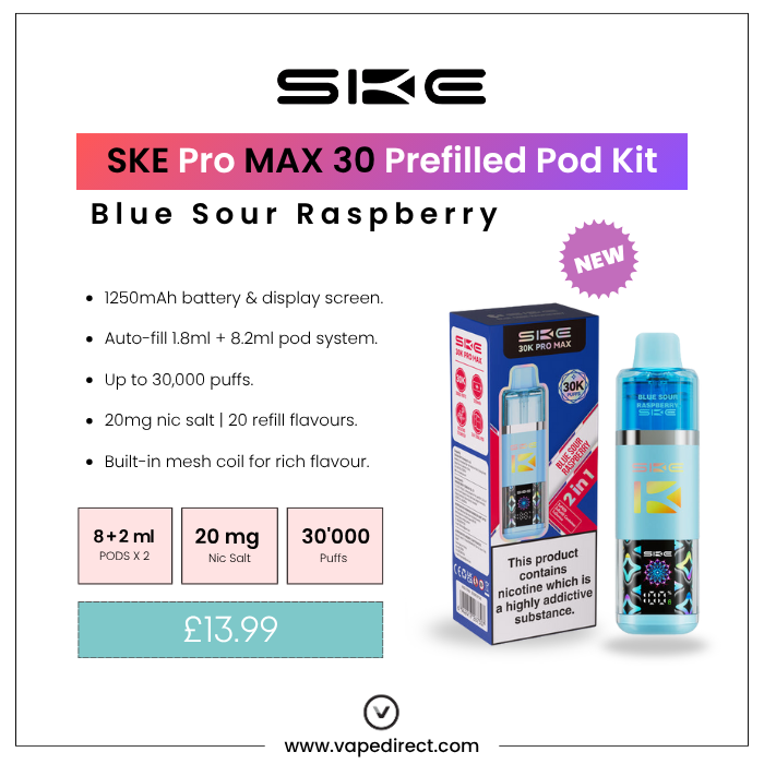 SKE Pro MAX 30 pod kit in name flavour. 1250mAh battery, 30,000 puffs, and 20mg nic salt.