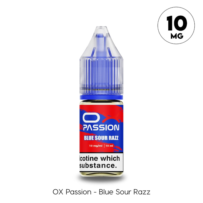 Blue Sour Razz 10mg OX Passion Nic Salt by Oxva. A Blueberry, Sour Raspberry flavoured e-liquid at Vape Direct in Milton keynes and Buckingham.