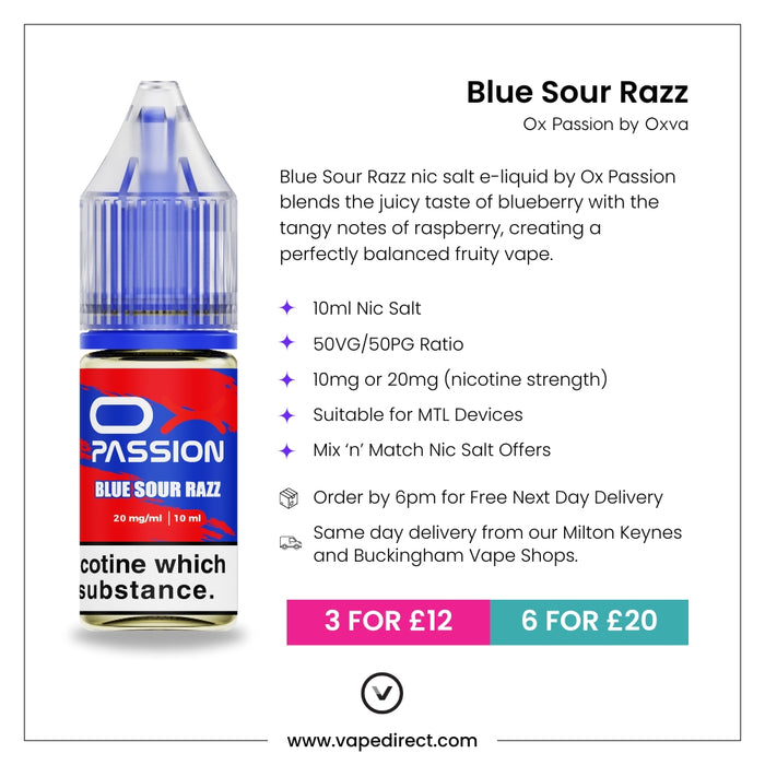 Blue Sour Razz Ox passion e-liquid with flavour description. 10ml Nic Salt, suitable for MTL devices, multi-buy offers, and details for next day delivery in milton keynes and buckingham shown.