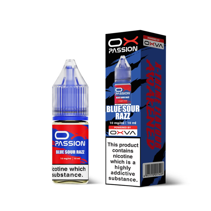 Blue Sour Razz Ox Passion Nic Salt E-Liquid by Oxva with retail box and packaging.