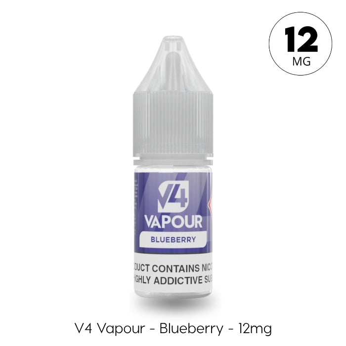 A 10ml bottle of V4 Vapour - Blueberry E-Liquid displays a purple label, child-resistant cap, and “12mg” in a circle. Below is the text: “V4 Vapour – Blueberry – 12mg.”. Available at Vape Direct In Milton Keynes
