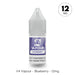 A 10ml bottle of V4 Vapour - Blueberry E-Liquid displays a purple label, child-resistant cap, and “12mg” in a circle. Below is the text: “V4 Vapour – Blueberry – 12mg.”. Available at Vape Direct In Milton Keynes