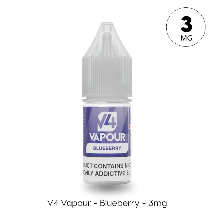 A 10ml bottle of V4 Vapour - Blueberry 10ml E-Liquid by V4 Vapour, featuring 3mg nicotine strength, a purple and white label, and a childproof cap. Label displays: V4 Vapour - Blueberry – 3mg. Available at Vape Direct In Milton Keynes