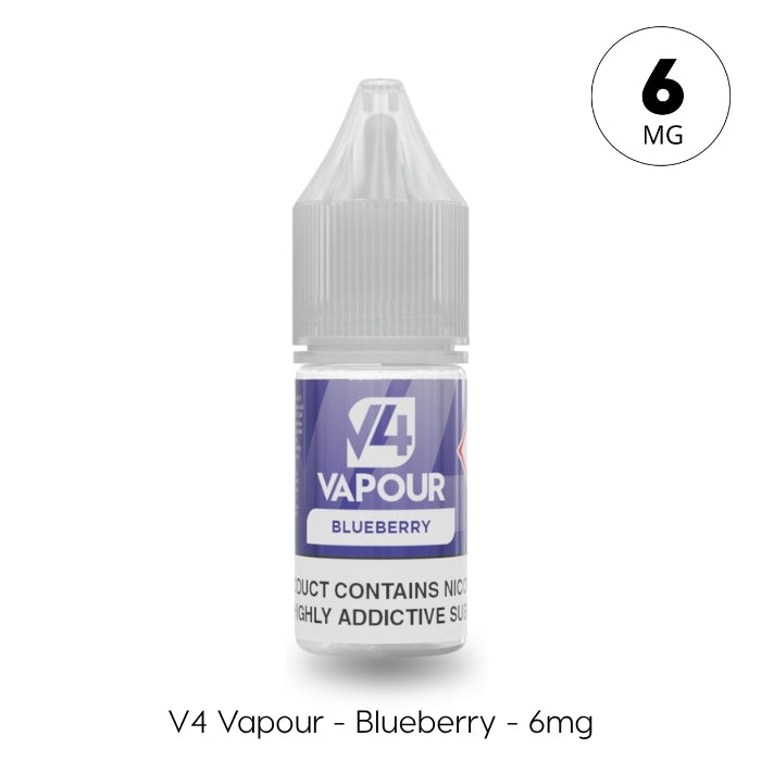 A 10ml bottle of V4 Vapour - Blueberry E-Liquid by V4 Vapour, with 6mg nicotine strength and a purple label. Available at Vape Direct In Milton Keynes