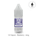 A 10ml bottle of V4 Vapour - Blueberry E-Liquid by V4 Vapour, with 6mg nicotine strength and a purple label. Available at Vape Direct In Milton Keynes