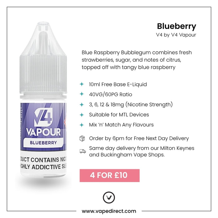 This image shows the V4 Vapour - Blueberry 10ml E-Liquid by V4 Vapour, highlighting nicotine strength choices, a 4 for £10 deal, and delivery info. Available at Vape Direct In Milton Keynes