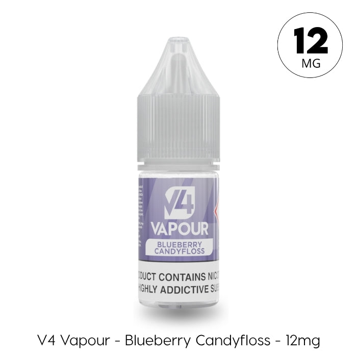 A 10ml bottle of V4 Vapour - Blueberry Candyfloss E-Liquid, 12mg strength, with a childproof cap and purple label. The bottom text reads: V4 Vapour - Blueberry Candyfloss - 12mg. Available at Vape Direct In Milton Keynes