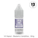 A 10ml bottle of V4 Vapour - Blueberry Candyfloss E-Liquid, 12mg strength, with a childproof cap and purple label. The bottom text reads: V4 Vapour - Blueberry Candyfloss - 12mg. Available at Vape Direct In Milton Keynes
