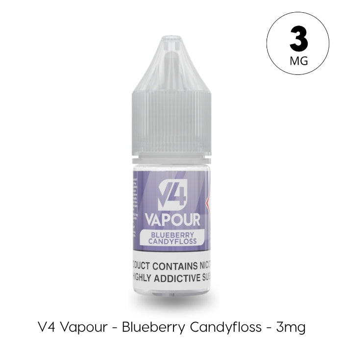 V4 Vapour - Blueberry Candyfloss 10ml E-Liquid offers 3mg nicotine strength, a childproof cap, and delivers sweet blueberry and candyfloss flavors as part of the V4 Vapour Freebase E-liquids range. Available at Vape Direct In Milton Keynes