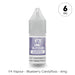A small 10ml bottle of V4 Vapour - Blueberry Candyfloss E-Liquid with a clear cap, purple label, and 6mg nicotine strength displayed in a circle at the top right. Label text: V4 Vapour - Blueberry Candyfloss - 6mg. Available at Vape Direct In Milton Keynes