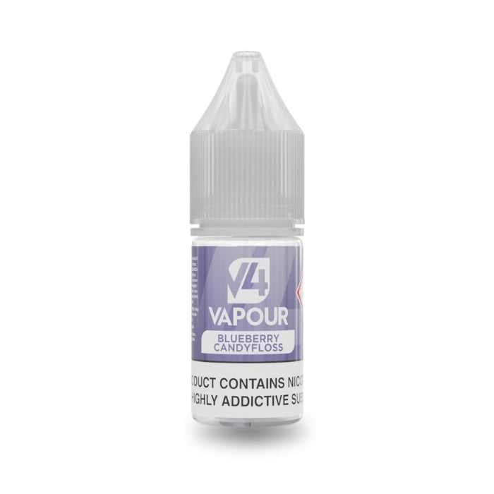 V4 Vapour - Blueberry Candyfloss 10ml E-Liquid comes in a small plastic bottle with a purple label and clear child-resistant cap. Enjoy the sweet, classic taste of blueberry candyfloss in every puff of this Freebase E-liquid. Available at Vape Direct In Milton Keynes