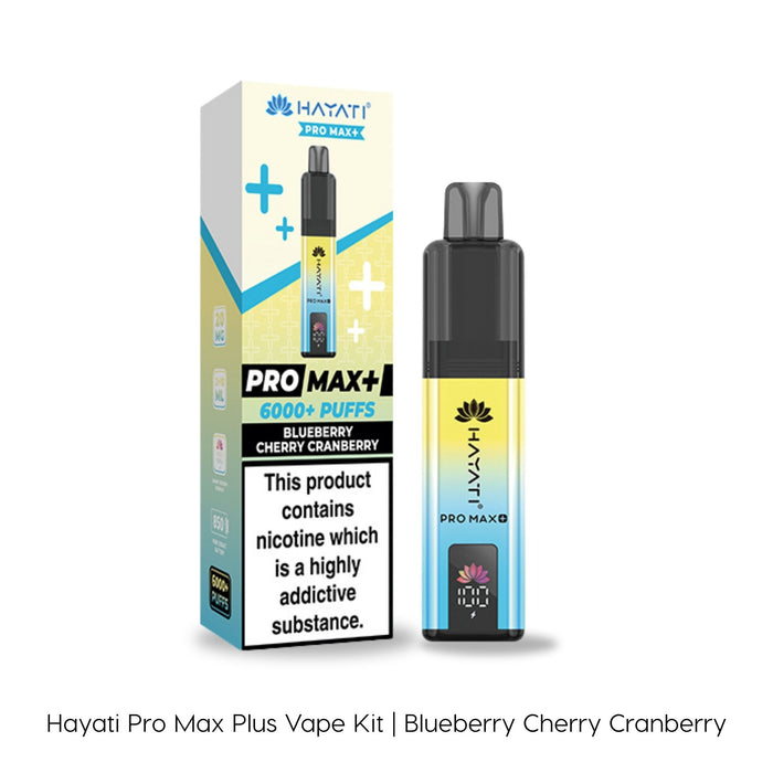 Blueberry Cherry Cranberry Hayati Pro Max Plus Vape Kit by Hayati, pictured with its box. The packaging features a 6000 puffs capacity and contains nic salt e-liquid for a satisfying vaping experience.
