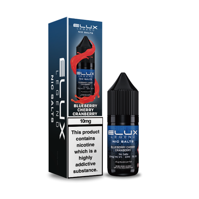 Blueberry Cherry Cranberry nic salt e-liquid 10ml bottle by Elux Legend on a plain background