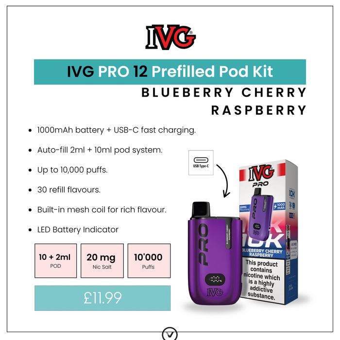 Promotional image for the I VG Blueberry Cherry Raspberry - IVG PRO 12 Prefilled Kit, featuring the device, packaging, top features, 10-puff capacity, and a price of £11.99. Available at Vape Direct In Milton Keynes