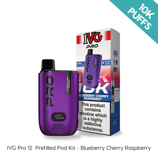 A purple I VG IVG PRO 12 Prefilled Kit and its box labeled Blueberry Cherry Raspberry, featuring 10,000 puffs displayed in the corner. Available at Vape Direct In Milton Keynes