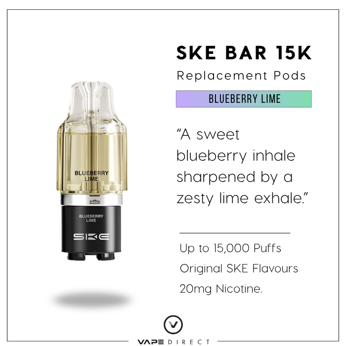 SKE BAR 15K replacement pods in Blueberry Lime flavour with a 10ml refill pod and flavour description.