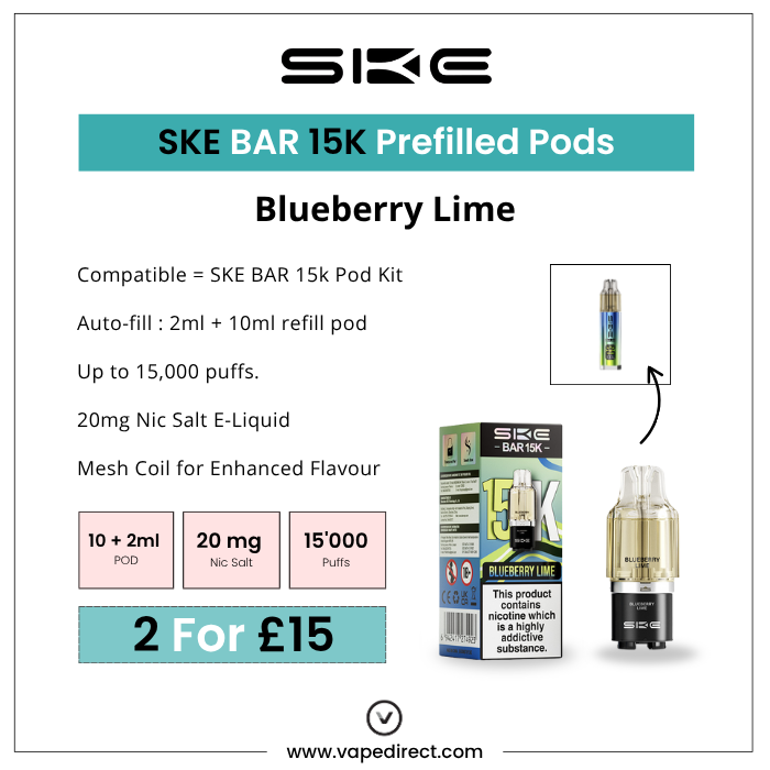 SKE BAR 15K Prefilled Pods Blueberry Lime. 10ml refill pod, 20mg Nic Salt, 15,000 puffs. 