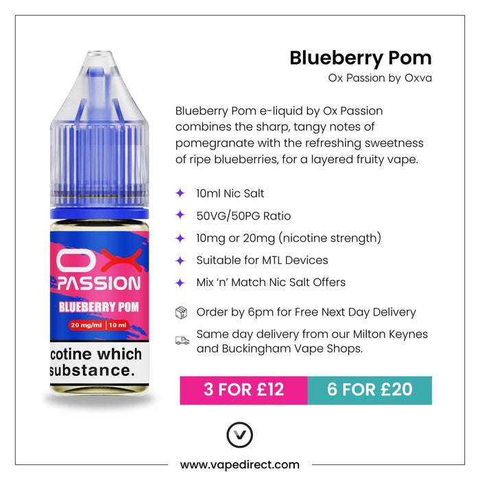Blueberry Pom Ox passion e-liquid with flavour description. 10ml Nic Salt, suitable for MTL devices, multi-buy offers, and details for next day delivery in milton keynes and buckingham shown.