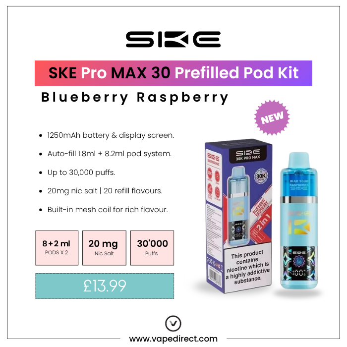 SKE Pro MAX 30 pod kit in Blueberry Raspberry flavour with specs: 1250mAh battery, 30,000 puffs, and 20mg nic salt. 