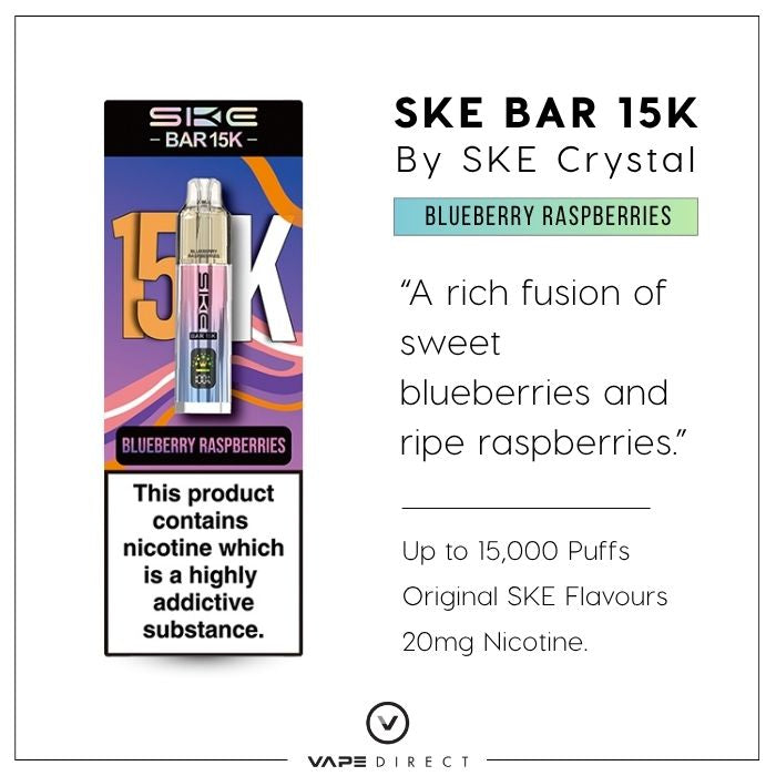 SKE Bar 15K vape in Blueberry Raspberries flavour, with up to 15,000 puffs, Original SKE Flavours and 20mg nicotine. 