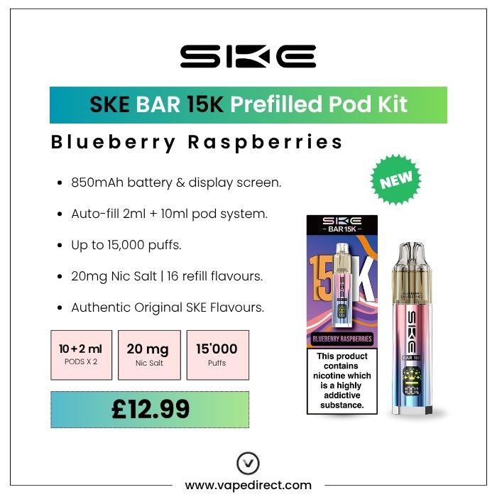 SKE BAR 15k pod kit in Blueberry Raspberries flavour. 850mAh battery, 15,000 puffs, and 20mg nic salt. 