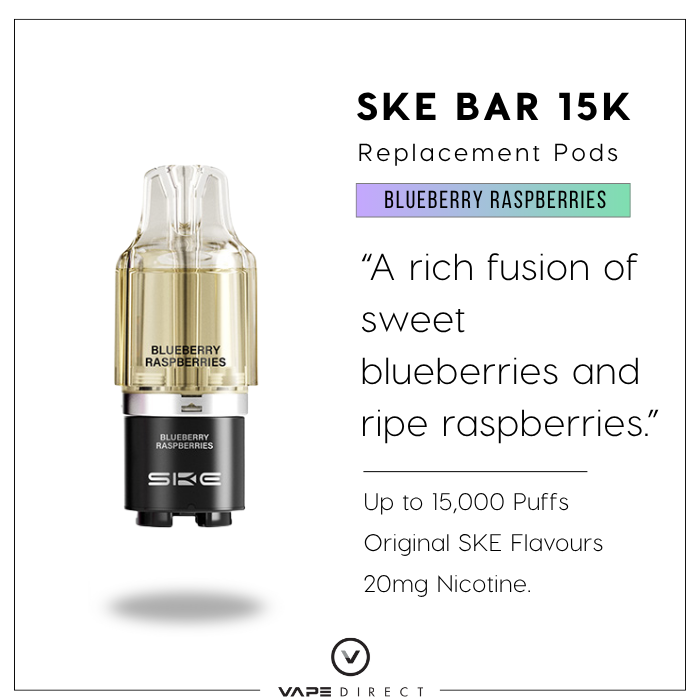 SKE BAR 15K replacement pods in Blueberry Raspberries with a 10ml refill pod and flavour description.