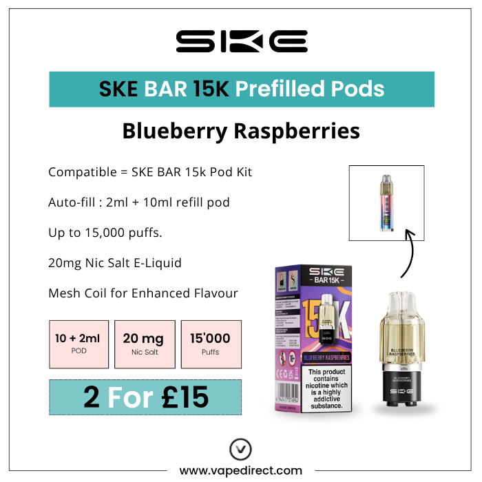 SKE BAR 15K Prefilled Pods in  Blueberry Raspberries 10ml refill pod, 20mg Nic Salt, 15,000 puffs. 