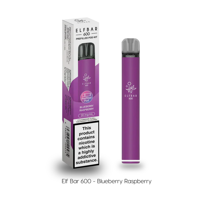 The Elf Bar Blueberry Raspberry 600 Prefilled Kit is a purple disposable vape device and its packaging, designed for MTL vaping and offering a flavorful, convenient experience. Available at Vape Direct In Milton Keynes