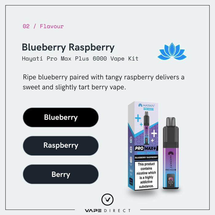 A Hayati Blueberry Raspberry Pro Max Plus Vape Kit and its packaging showcase the flavor’s rich berry taste, with blue icons and a purple-to-blue gradient design featured on both the box and vape device.