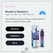 A Hayati Blueberry Raspberry Pro Max Plus Vape Kit and its packaging showcase the flavor’s rich berry taste, with blue icons and a purple-to-blue gradient design featured on both the box and vape device.