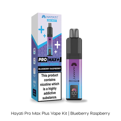 A Blueberry Raspberry Hayati Pro Max Plus Vape Kit by Hayati, complete with box, featuring a sleek purple-blue gradient design. The packaging prominently highlights the Blueberry Raspberry flavor and displays the distinctive Hayati branding.