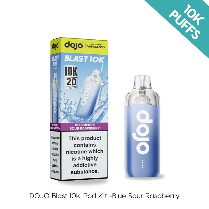 Dojo Blast 10K Pod Kit in Blueberry Sour Raspberry flavour by Vaporesso – 10,000 puffs, 20mg nicotine salt, shown with box and device