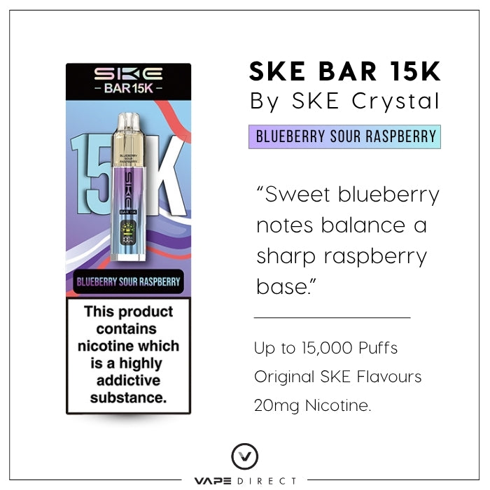 SKE Bar 15K Prefilled Pod Kit in blueberry sour raspberry flavour, with up to 15,000 puffs and 20mg nicotine. 