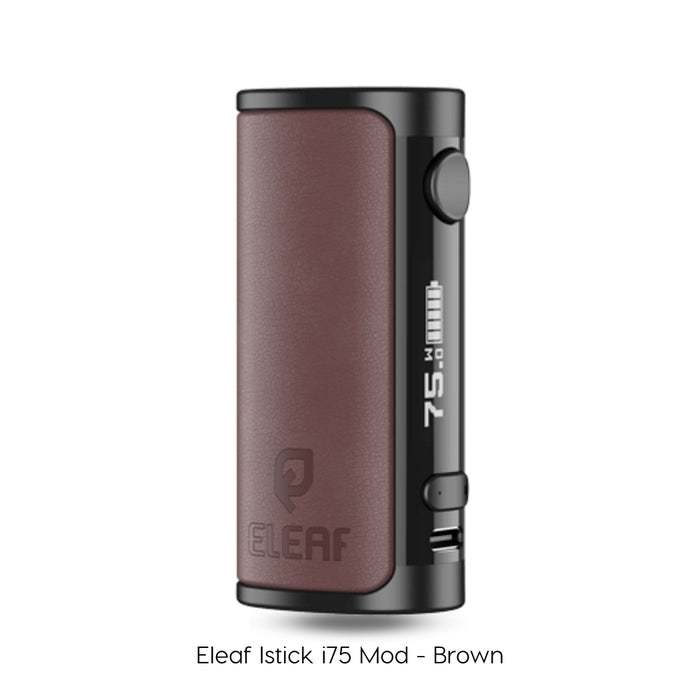 Brown Eleaf Istick i75 Mod with a 3000mAh Battery, 2amp Fast Charge capability, 1-75 watts outpur for MLT and DTL vaping and a 510 threaded battery.