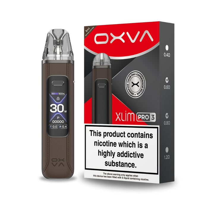 Brown Leather Xlim Pro 3 Vape Pod Kit by OXVA. Features a 1500mah battery, 30 minute fast charge, 1.05" HD Display screen and brand new 3ml top fill pods.