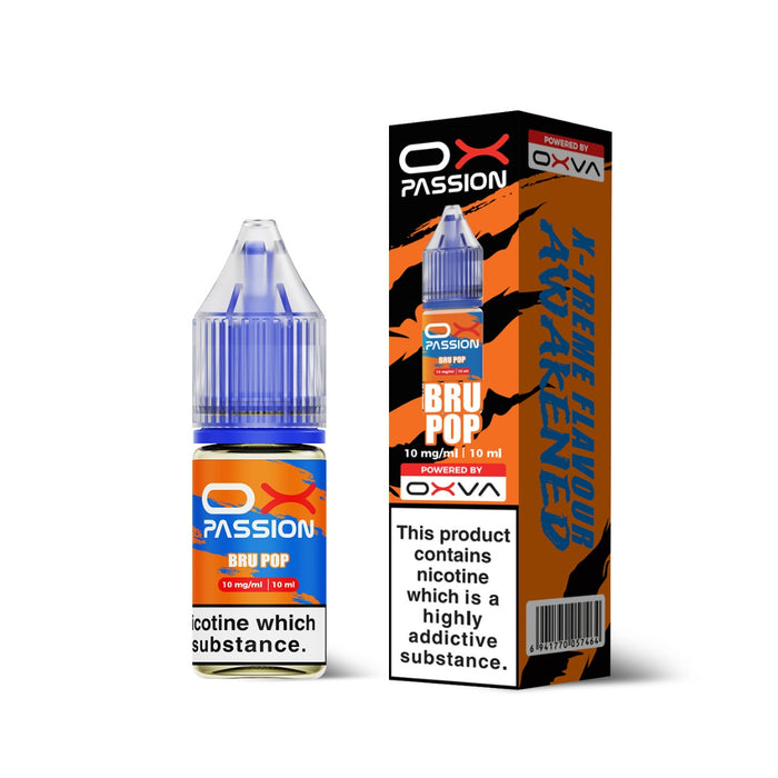Bru pop Ox Passion Nic Salt E-Liquid by Oxva with retail box and packaging.
