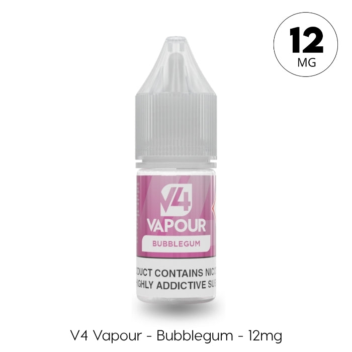 A 10ml bottle of V4 Vapour - Bubblegum E-Liquid features a pink label and 12mg nicotine strength shown in a white circle at the top right. Ideal for Mouth To Lung (MTL) vapers. Brand: V4 Vapour. Available at Vape Direct In Milton Keynes