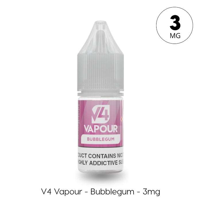 A 10ml bottle of V4 Vapour - Bubblegum E-Liquid, with 3mg nicotine strength, pink and white label, childproof cap, and perfect for Mouth To Lung (MTL) vaping. Available at Vape Direct In Milton Keynes