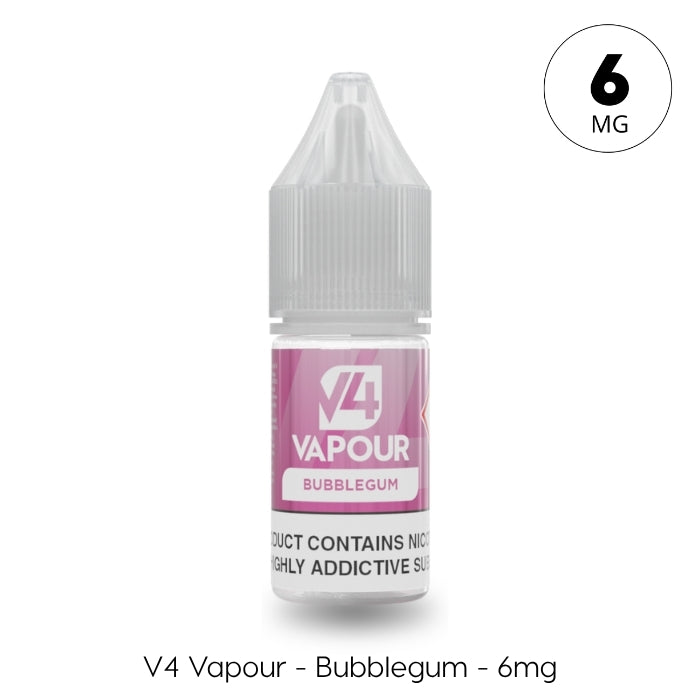 A 10ml plastic bottle of V4 Vapour - Bubblegum E-Liquid (6mg), with a childproof cap and pink label. Ideal for Mouth To Lung (MTL) vaping. The label reads “V4 Vapour - Bubblegum - 6mg.”. Available at Vape Direct In Milton Keynes