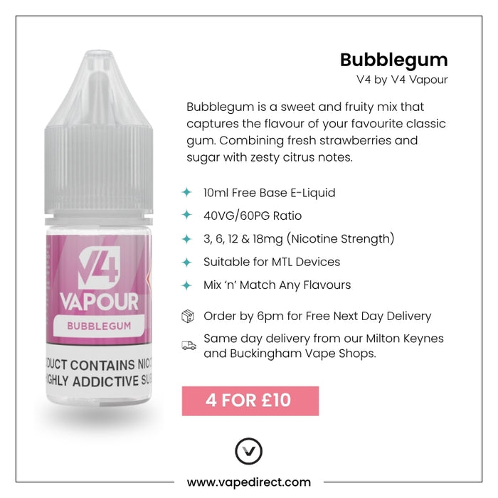 A V4 Vapour - Bubblegum 10ml E-Liquid bottle is shown with product info, MTL vaping features, available nicotine strengths, a "4 for £10" deal, and the website link beneath. Available at Vape Direct In Milton Keynes