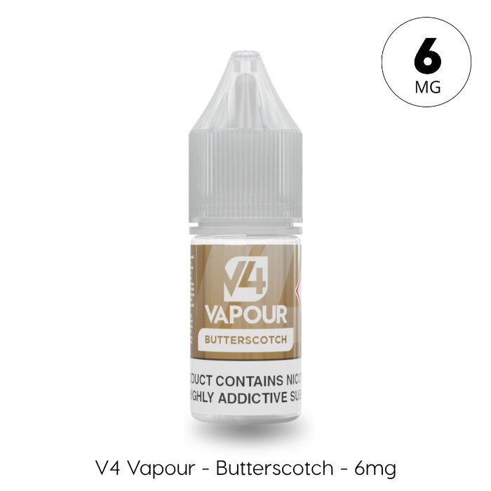 A 10ml bottle of V4 Vapour - Butterscotch E-Liquid by V4 Vapour contains 6mg nicotine, and comes with a clear cap and beige label. Available at Vape Direct In Milton Keynes
