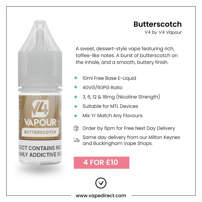 Image of V4 Vapour - Butterscotch 10ml E-Liquid bottle beside details on its rich butterscotch flavor, available nicotine strengths, 70VG/30PG mix, special pricing offer, and same-day delivery options. Available at Vape Direct In Milton Keynes